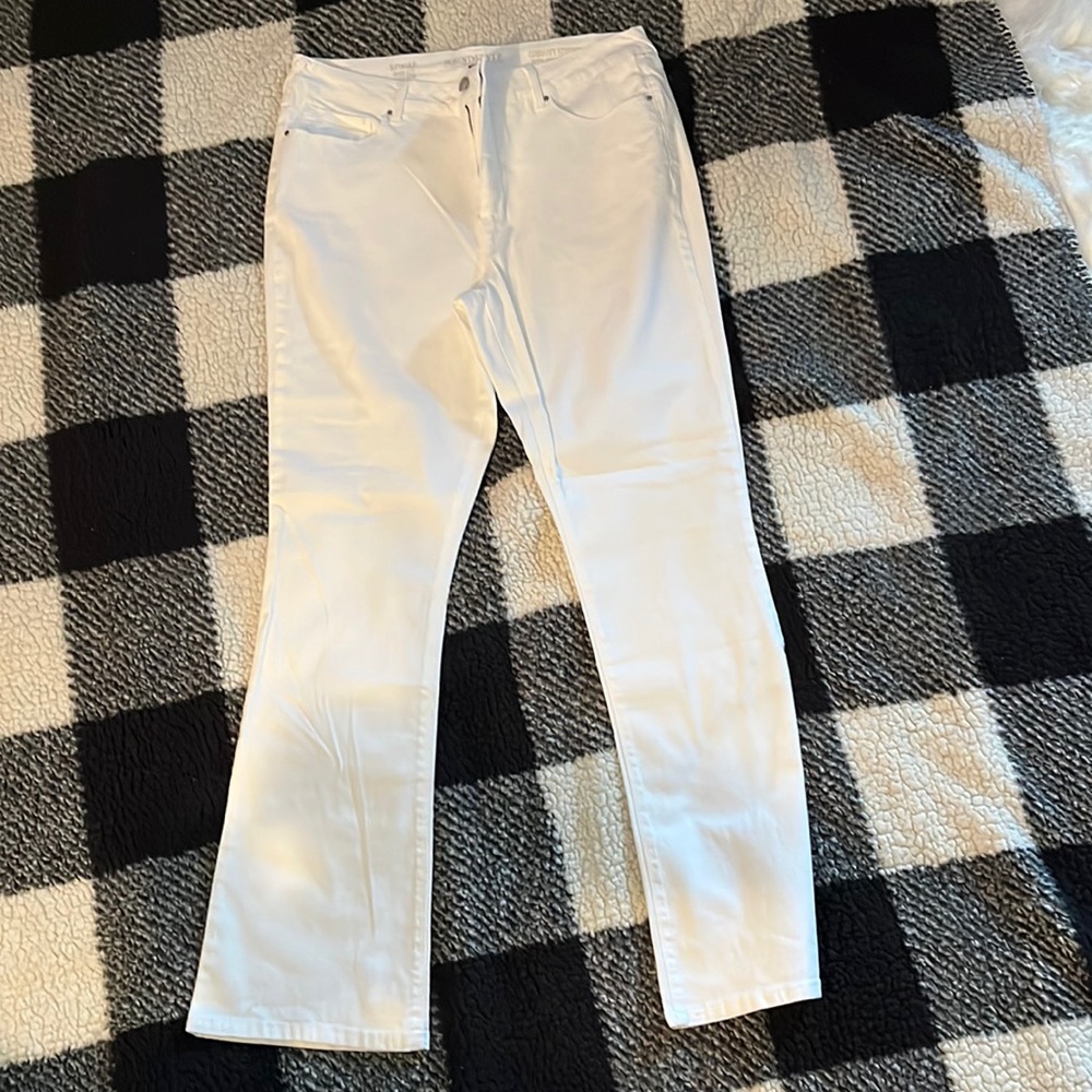 White, bootcut, high rise jeans.